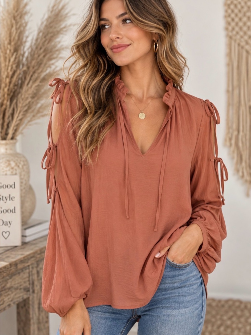 Love & Legend Cold Shoulder Blouse Size 14 Terracotta Boho Tie Sleeve Top